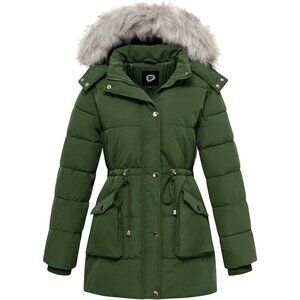Women's Long Winter Warm Waterproof Quilted Puffer Jacket Coat Green Fabric